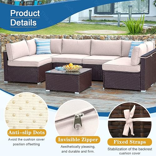 Miniatura 3 de 14 fundas de cojín de patio para 7 piezas, muebles de exterior, juegos de asientos seccionales, resistentes al agua, más 2 almohadas (caqui, 24.8