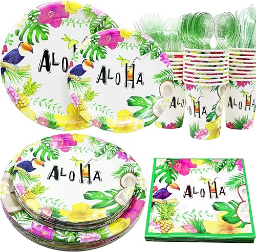 Decodinli Suministros de fiesta hawaiana Luau sirve para 25 personas, decoraciones de fiesta de cumpleaños con temática hawaiana tropical, platos y