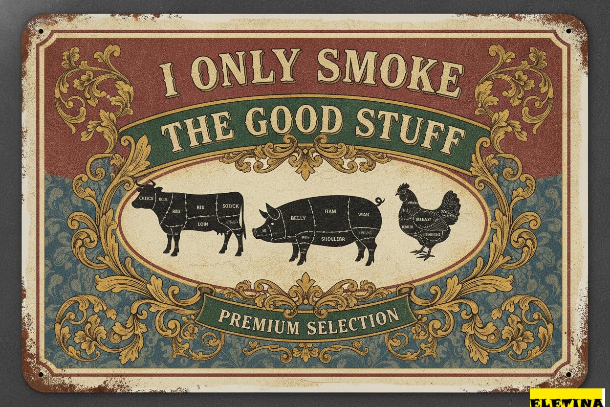 Only Smoke The Good Stuff BBQ Tin Sign Vintage Butcher Cow Pig Chicken Metal Kitchen Patio Grill Decor 8x12in
