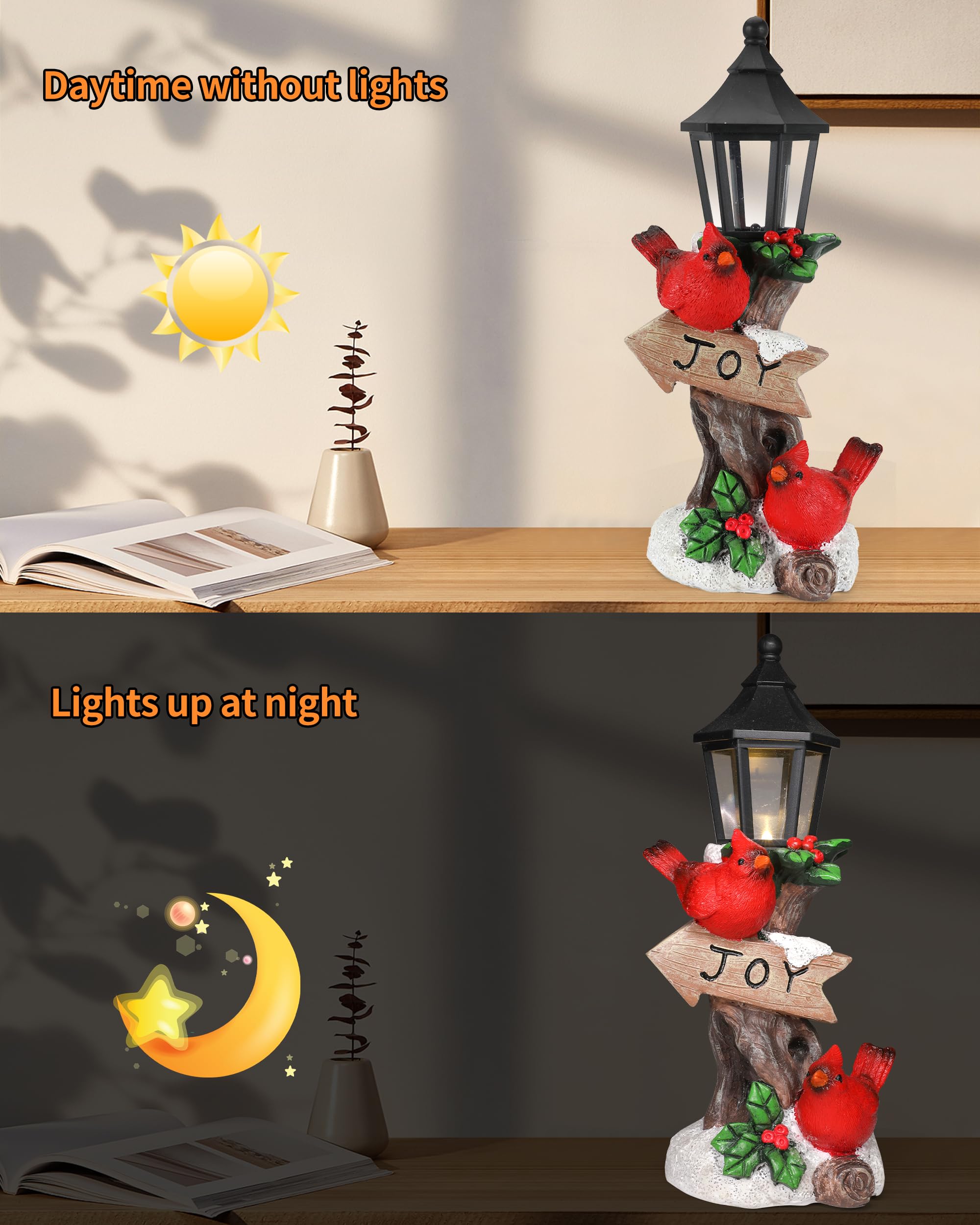 iStatue Lighted Cardinal Christmas Ornaments - 10’’ Resin 2 Red Birds Joy Lamp Post Figurine with Candle Lantern - Unique Xmas Decorations Indoor Decor Gift (Cardinal)