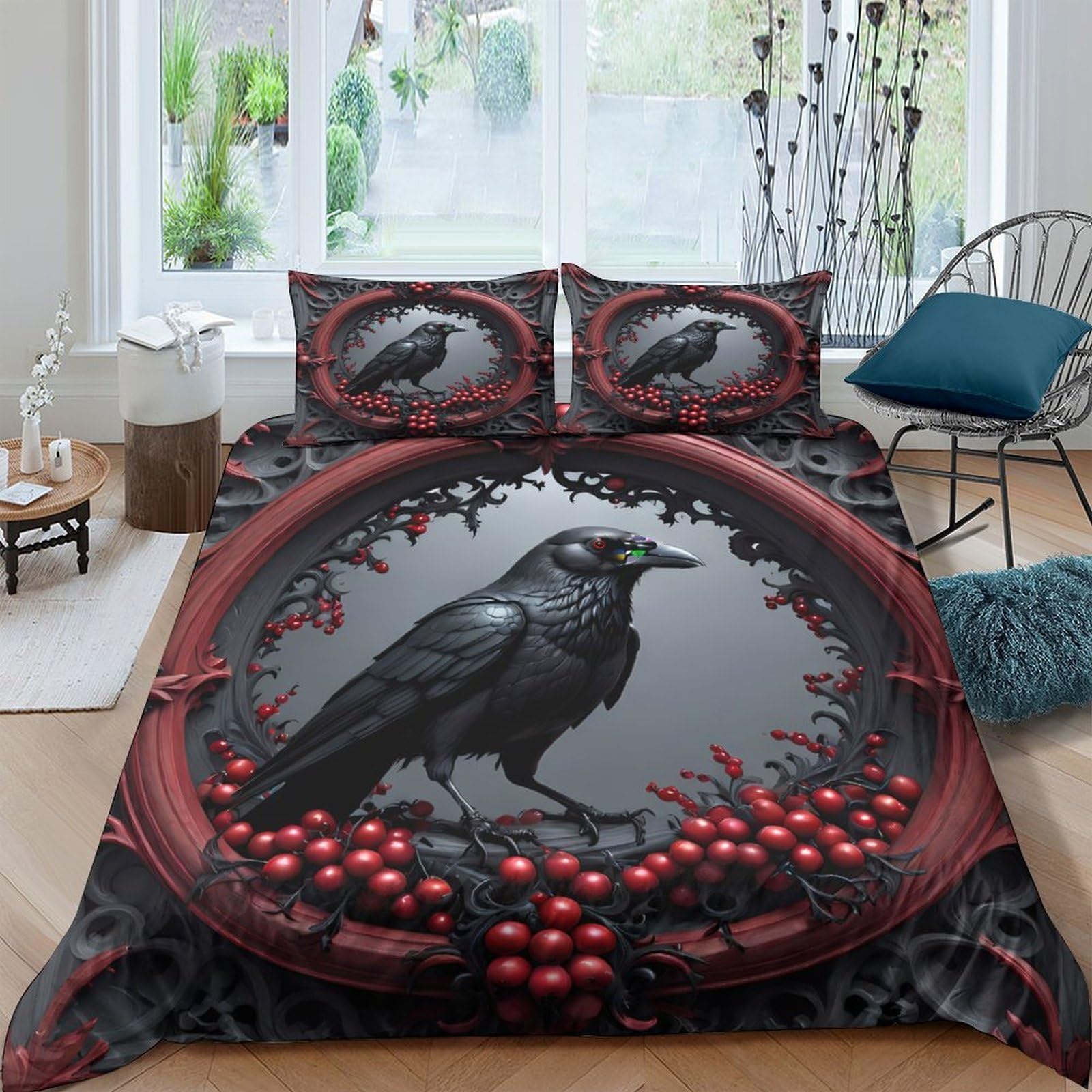 Ctjqhvkz Style-8 3D Printed Gothic Raven Fitted Sheet Microfiber Black Red Berry Bed Cover For Bedroom Dorm Decoration Single（135X200cm）