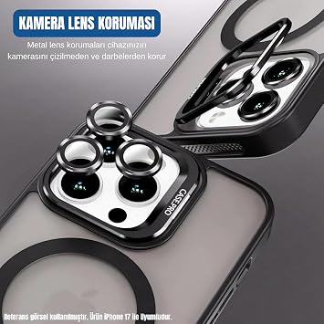 Ehr. iPhone 17 ile Uyumlu Magsafe Wireless Şarj Özellikli Kamera Standlı Lüks Mat Silikon Kılıf [Lens Koruyucu Hediyeli] (Siyah, iPhone 17)