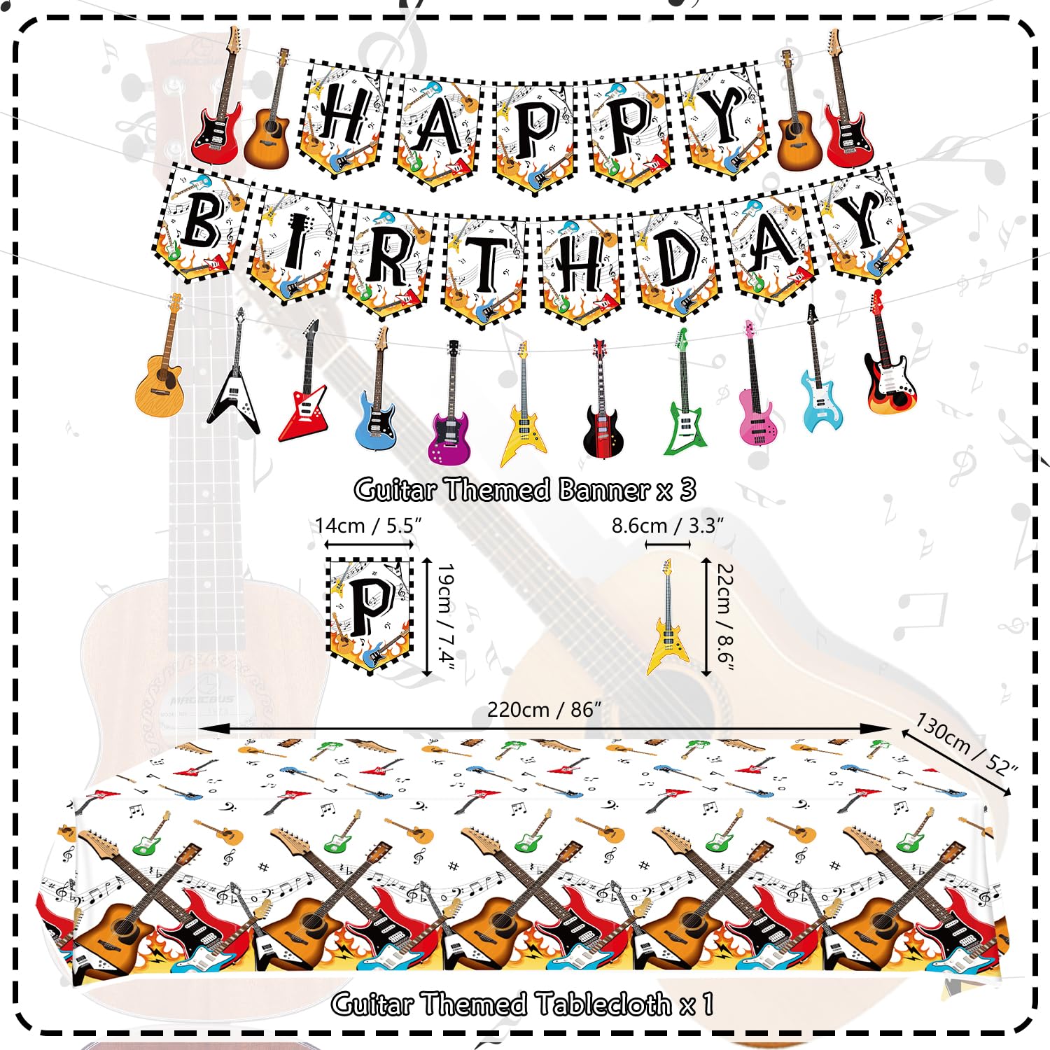 WeBenison 50 rocce, striscione per compleanno, rock and roll, tema musicale, 50° compleanno, decorazione per feste di compleanno, chitarra rock anni '50, glitter (50