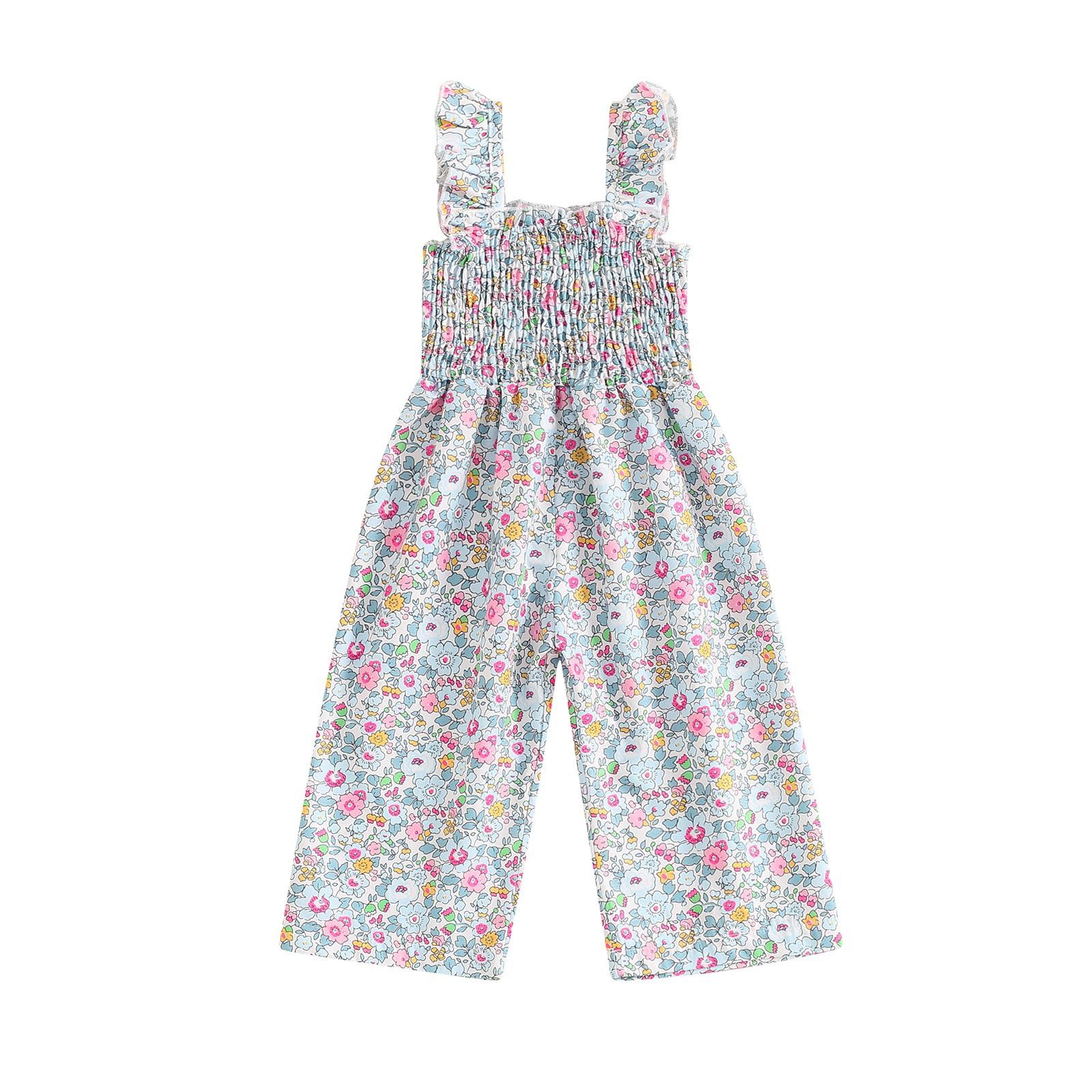 Geogenry Toddler Girl Wide Leg Romper Baby Floral One Piece Newborn Pants Jumpsuit Flare Pants Overalls Summer Playsuit (Blue, 18-24 Months)