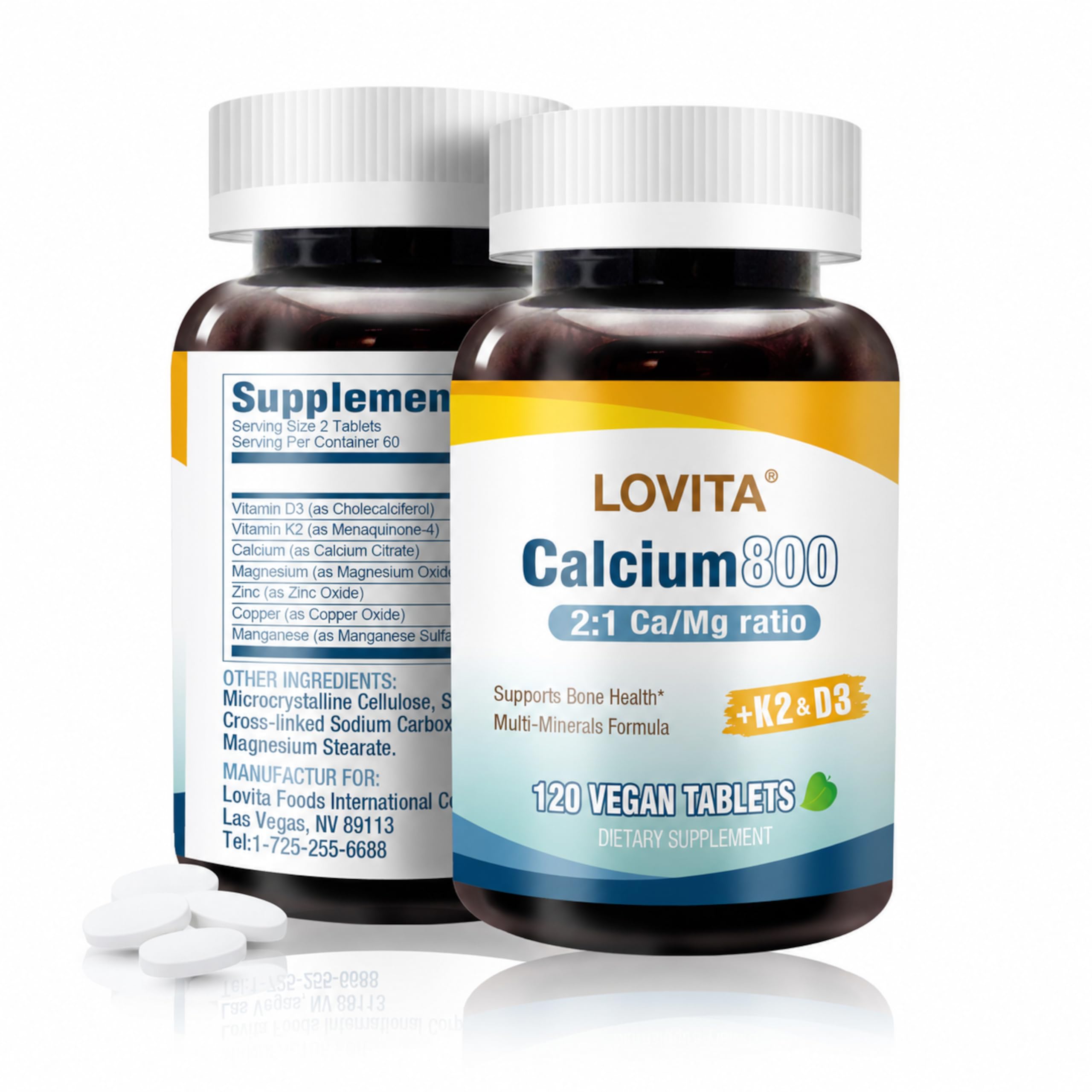 LOVITA Suplemento de Cálcio com Citrato de Cálcio, Vitaminas D3 e K2 e Magnésio 800 mg, 120 comprimidos veganos