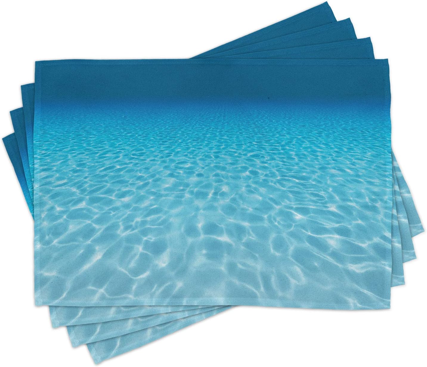 Lunarable Ocean Place Mats Set of 4, Tranquil Underwater Scenery Clean Sandy Bottom Surface Sun Rays Coming, Washable Fabric Placemats for Dining Table, Standard Size, Blue Aqua