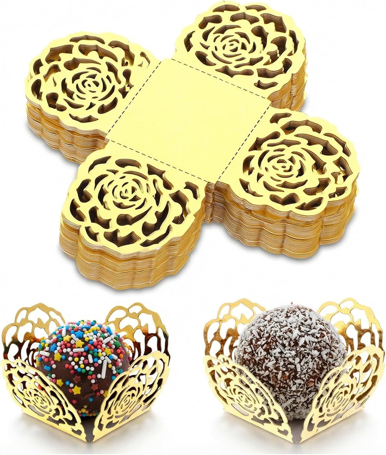 50Pcs Truffle Wrappers Gold Chocolate Truffle Cups Small Flared Candy Paper Cups Square Hollow Flower Gold Mini Cupcake Liners Trays for Wedding Birthday Party Decoration