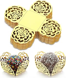 50Pcs Truffle Wrappers Gold Chocolate Truffle Cups Small Flared Candy Paper Cups Mini Square Hollow Flower Cupcake Liners Trays for Wedding Birthday Party Decoration