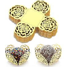 50Pcs Truffle Wrappers Gold Chocolate Truffle Cups Small Flared Candy Paper Cups Square Hollow Flower Gold Mini Cupcake Liners Trays for Wedding Birthday Party Decoration