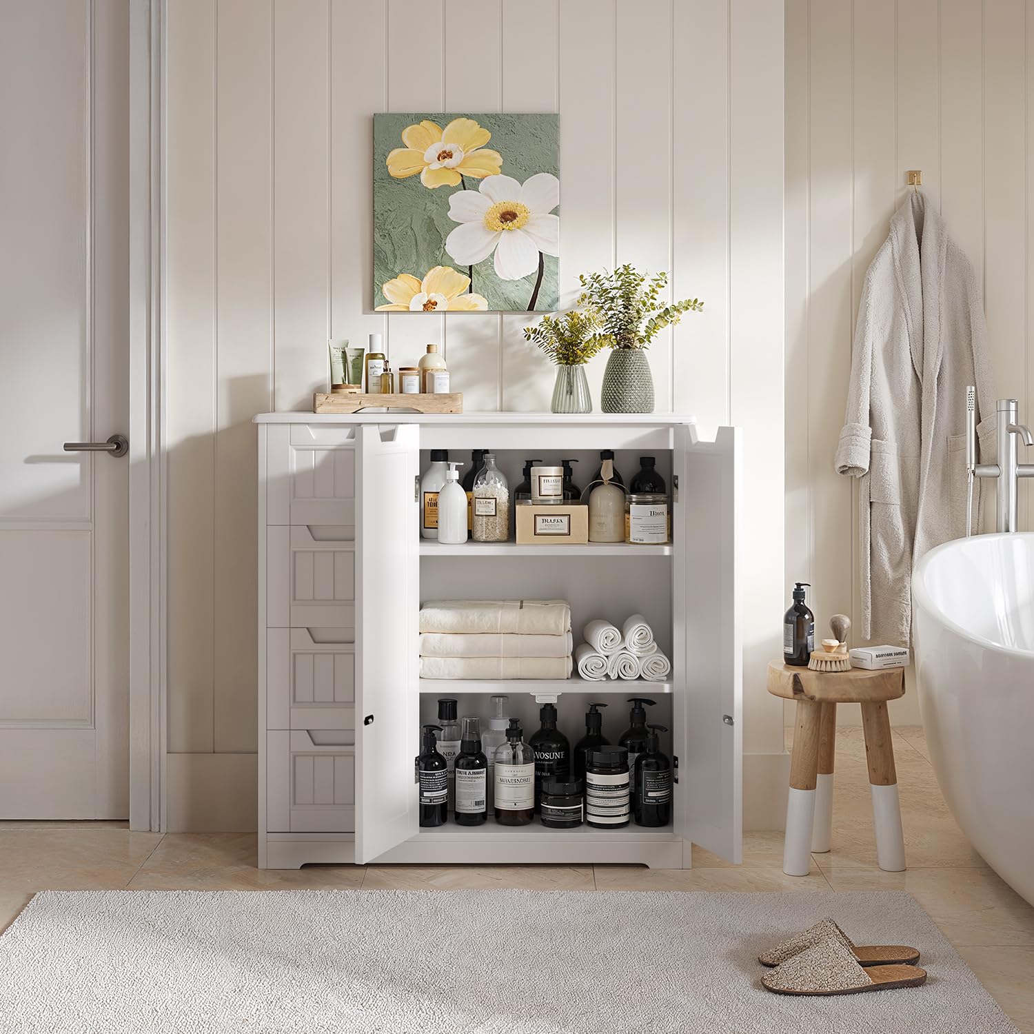 Xbro Meuble Salle de Bain Armoire de Baño, avec 4 Tiroirs et 2 Portes,Meuble pour Salle de Bain Salon Cuisine,avec Étagère Réglable,81 x 30 x 83 cm,Blanc