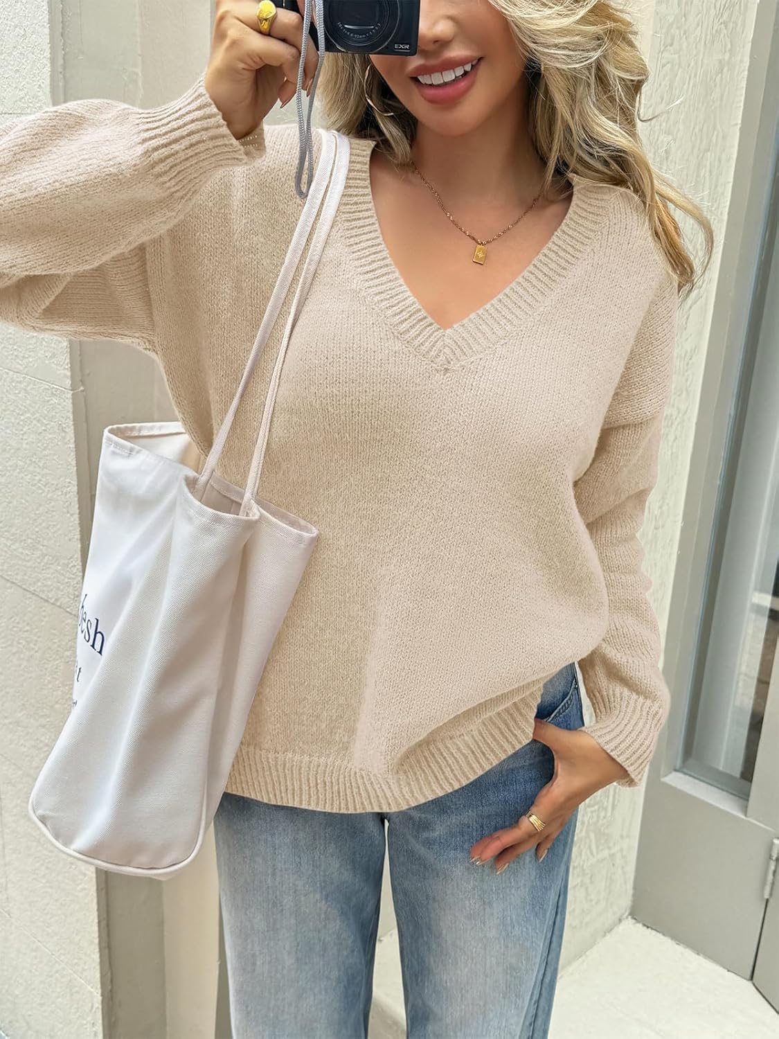 Yousify Womens Fall V Neck Sweaters Casual Knit Long Sleeve Loose Fit Pullover Sweater Tops - Image 2