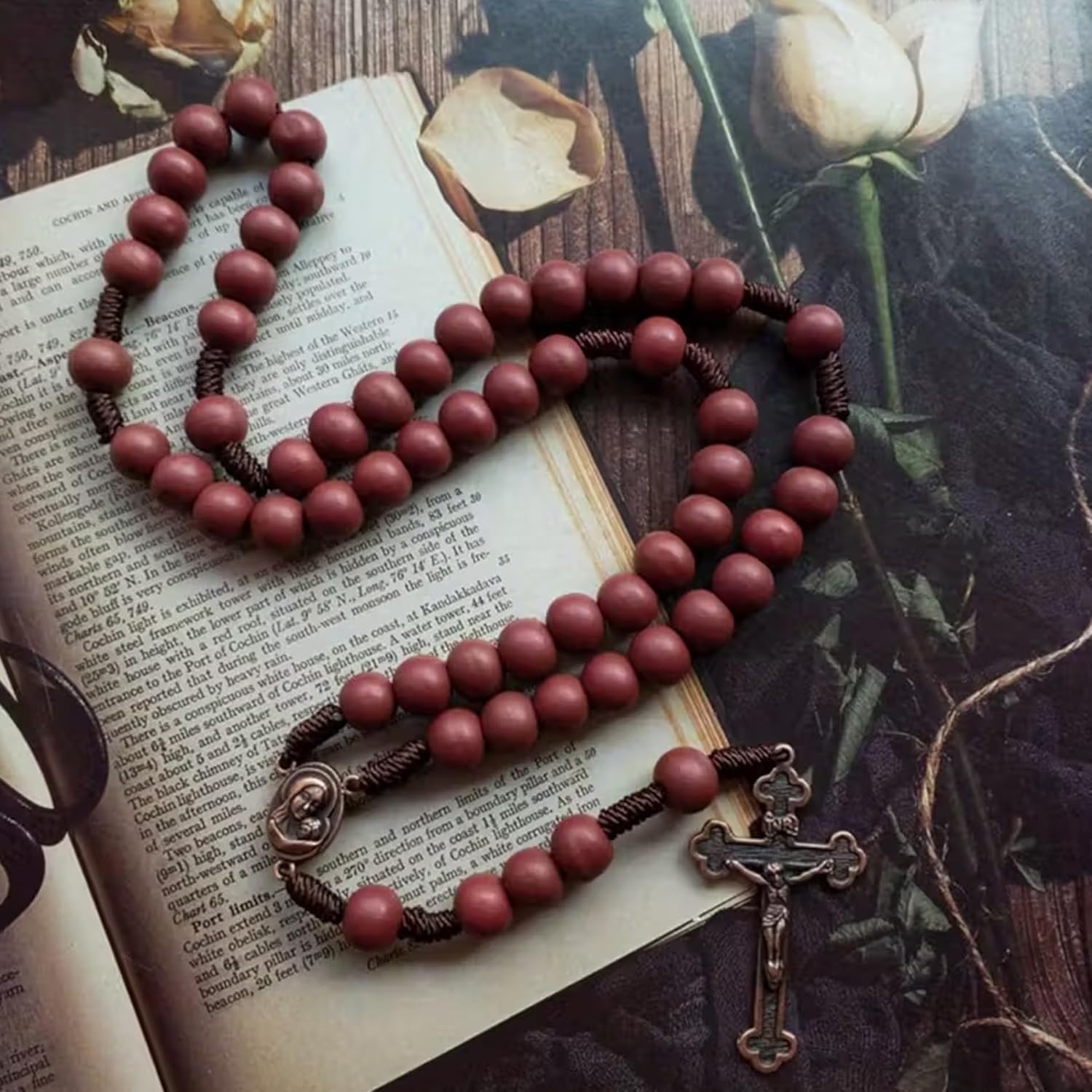 10mm Rosary Catholic Rosary Beads Hand Woven Rosary Necklace Prayer Beads Cross Necklace St. Christopher Center and Cross Pendant Rosary Bead Necklace Women Men - Image 3