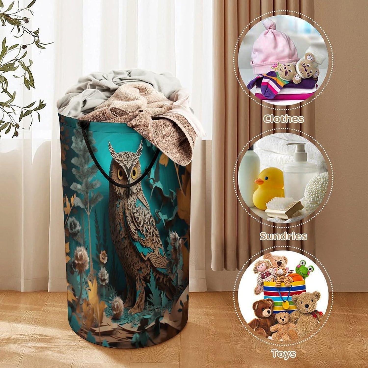 Owl Laundry Hamper with Handles Freestanding Large Laundry Basket Collapsible Clothes Hamper Waterproof Clothes Basket for Family Bathroom Decor Storage 86L