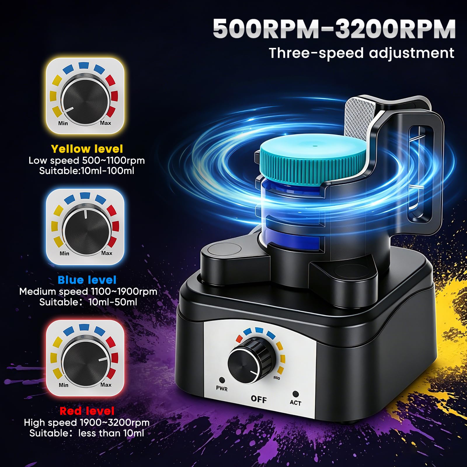 Mini Mezclador Vortex, 500-3200 rpm Agitador de Pinturas para Modelismo, Herramienta de Mezcla a 3 Velocidades Manos Libres, Shaker 10-100ml para Esmalte de Uñas, Tubos de Ensayo Laboratorio