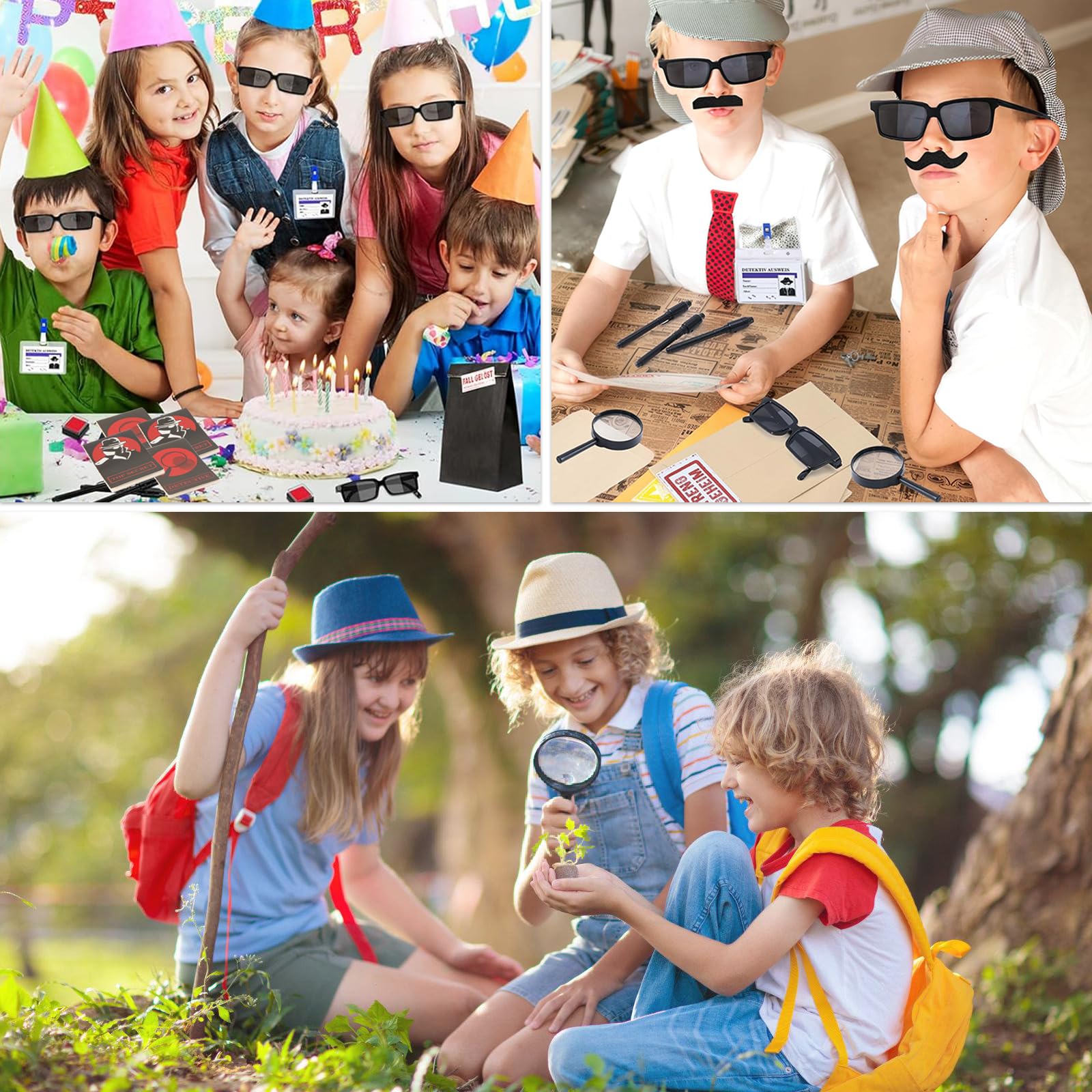 Kinder Detektiv Set, 72 tlg Kindergeburtstag Mitgebseltüten mit Agenten Brille Geheimstift Notizbuch Lupe Detektiv Ausweis Schnurrbart Fingerabdruck Stempelkissen Geschenktüten