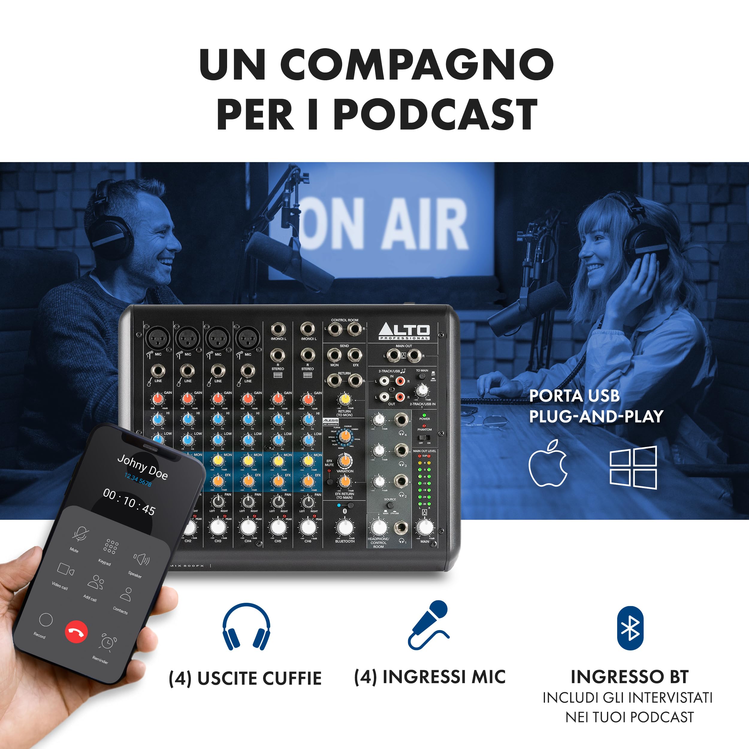 ALTO TrueMix 800FX - Mixer Audio Con 4 Ingressi XLR Microfonici, Interfaccia USB Audio e Bluetooth Per Podcast, Live, Registrazione, DJ, Mac e Windows