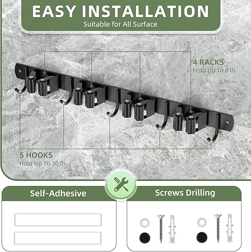 Miniatura 5 de Batur Paquete de 2 soportes de pared para escobas, soporte de escoba mejorado, soporte de pared resistente para trapeador y escoba, súper