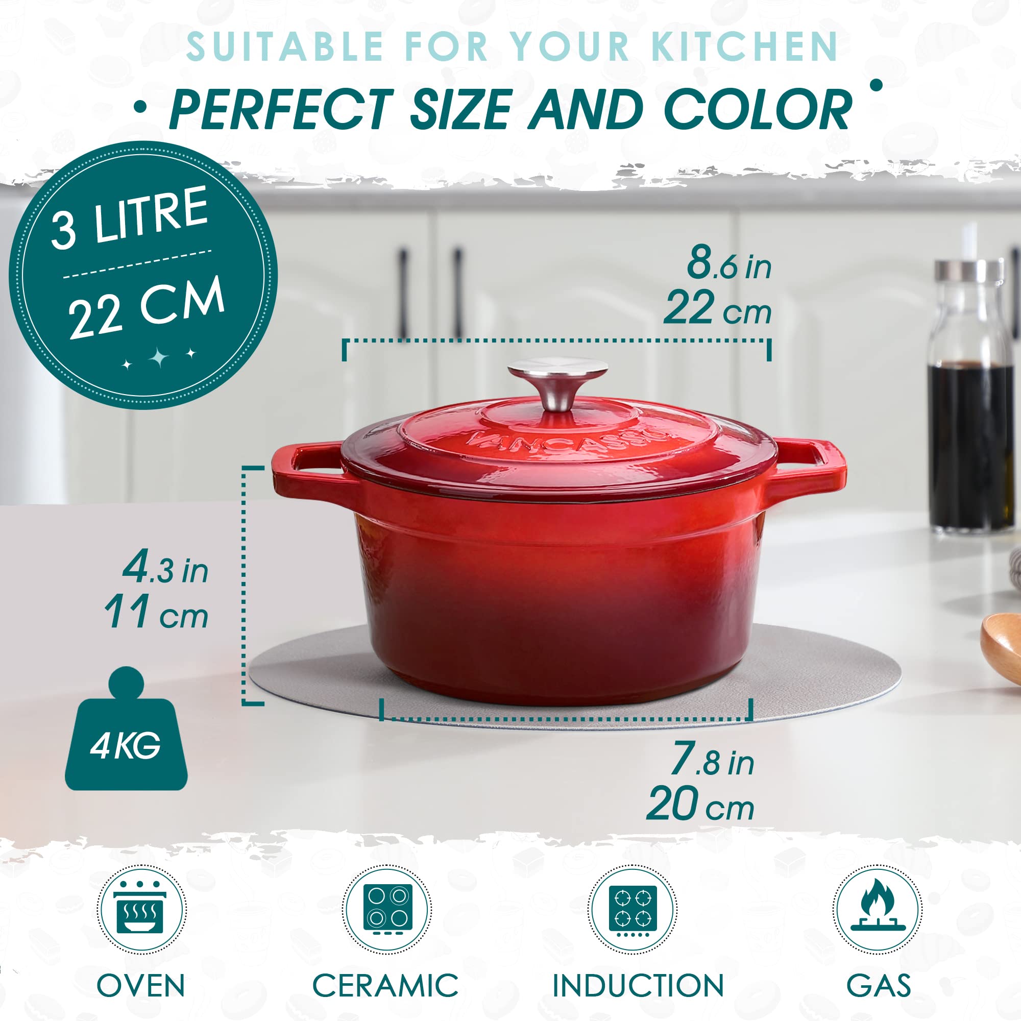 Vancasso - Pentola in ghisa per il pane per 2-4 persone, diametro 22 cm, smaltata, casseruola, per arrosto/stufato/cucinare, rotonda, rossa, 3 L