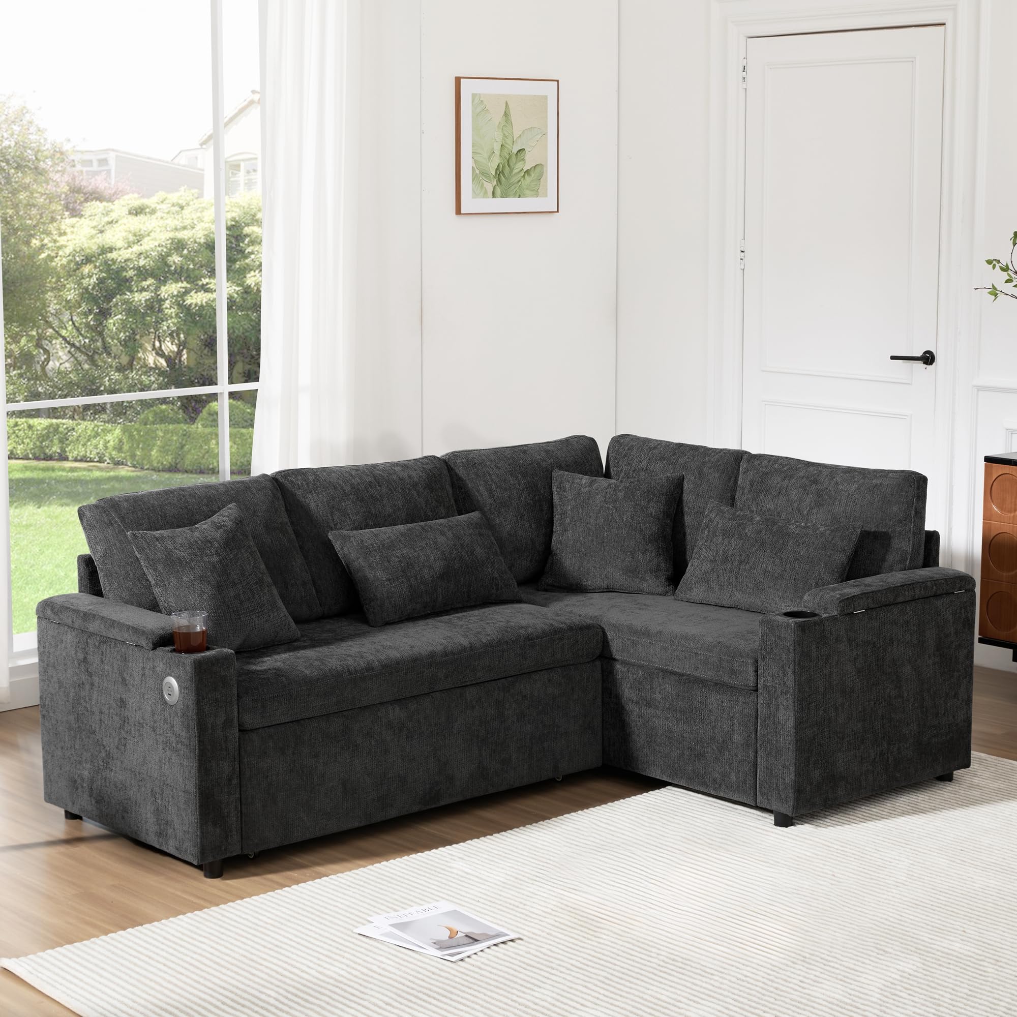 Lubvtti Divano letto 3 posti con vano contenitore,portabicchieri,porta USB, bracciolo portaoggetti e quattro cuscini,Divano angolare estensibile a L,divano 3 posti,ciniglia(D-Grigio)