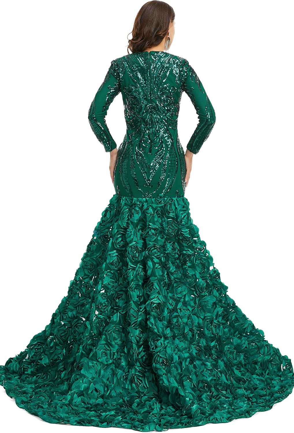 Women's Long Sleeves V-Neck Rose Sequins Mermaid Evening Dress