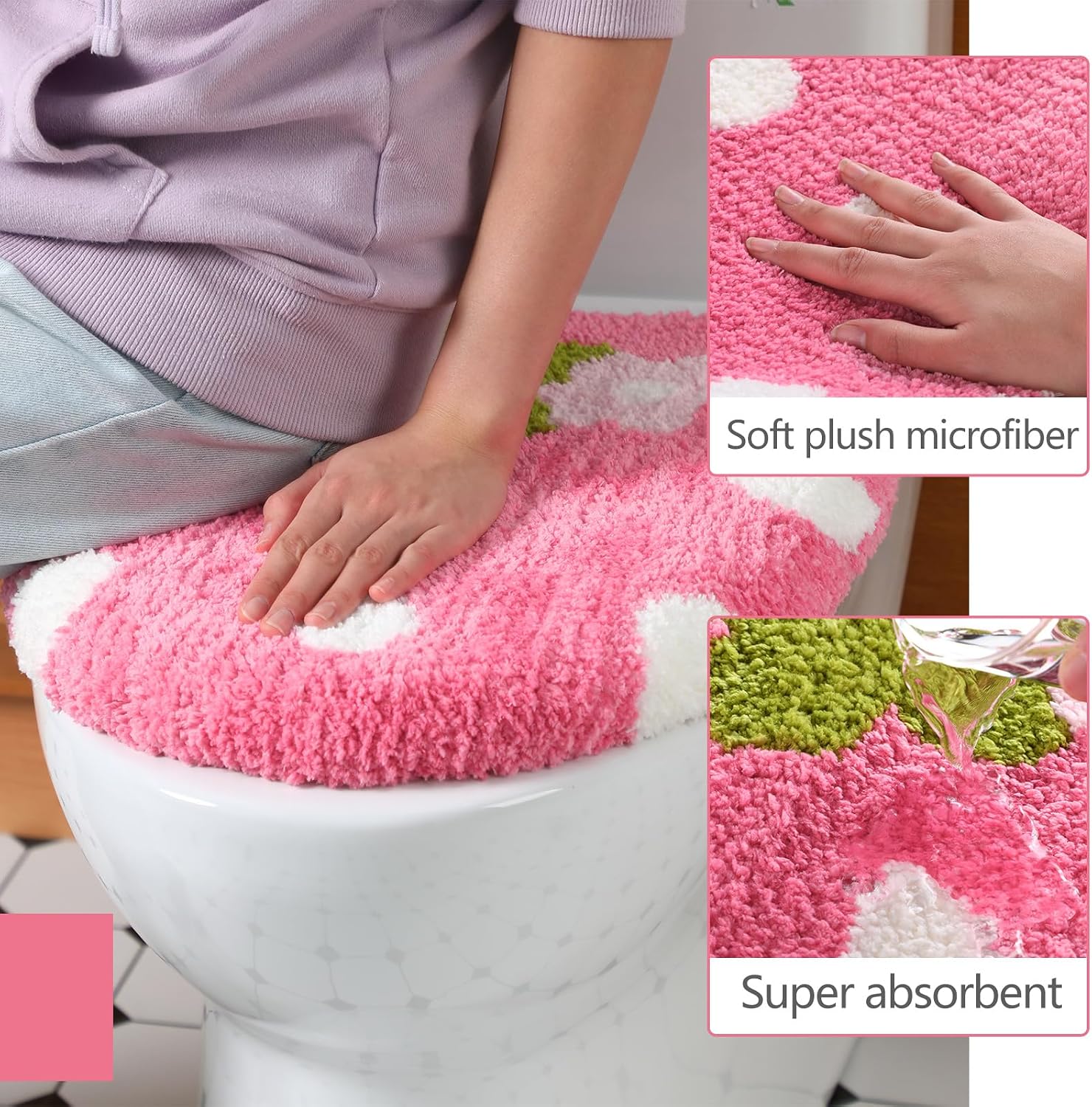Pink Strawberry Toilet Lid Cover 17.5 x 15 Inch | Cute Washable Fluffy Plush Toilet Cover, Soft Microfiber Non Slip Rubber Back Bathroom Accessories, Fit Most Round Elongated