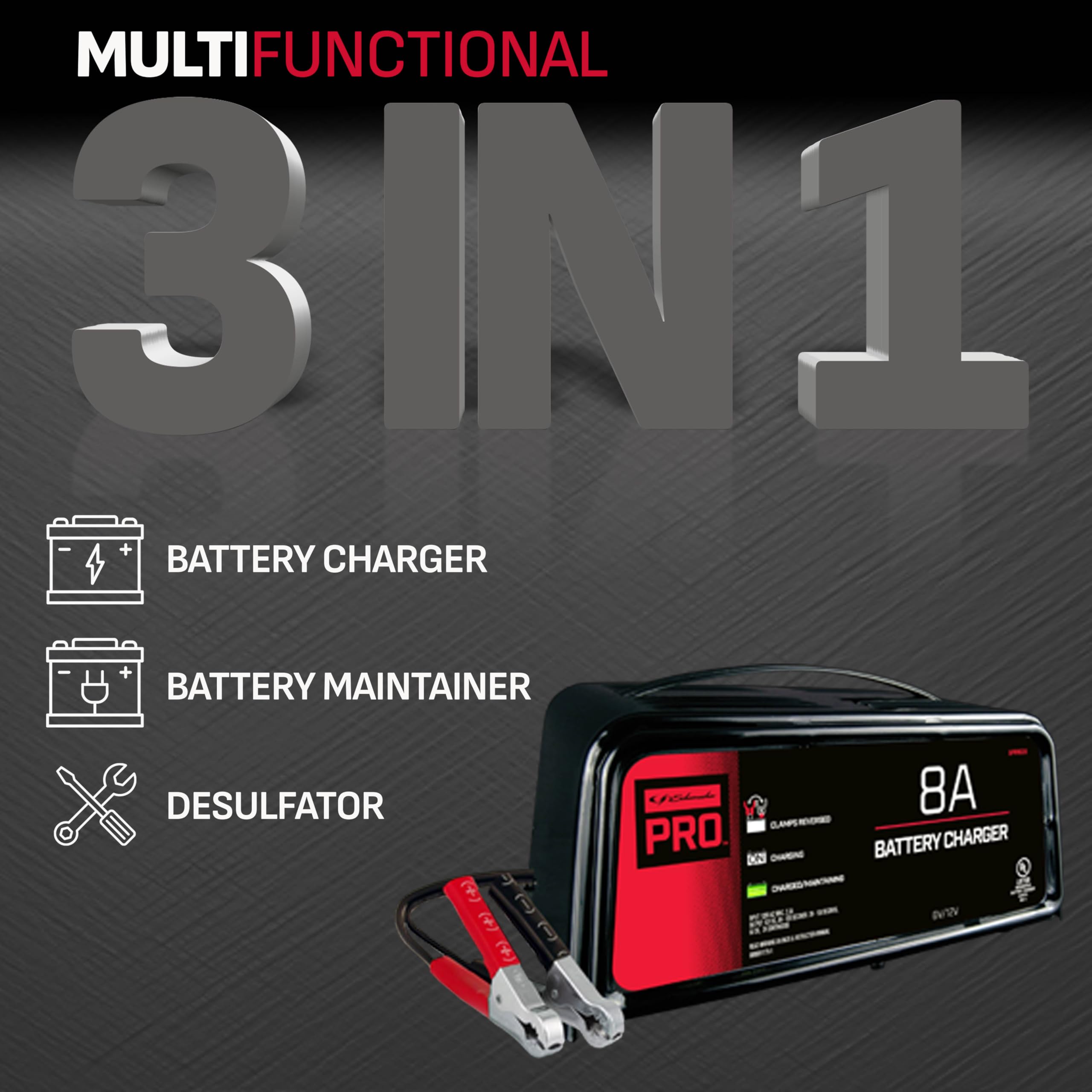 Schumacher Electric Battery Charger and Maintainer, SPR1628, 3-in-1, Fully Automatic, 8 Amps, 6 Volt, 12 Volt, for Power Sport, Car, Truck, and Marine Batteries
