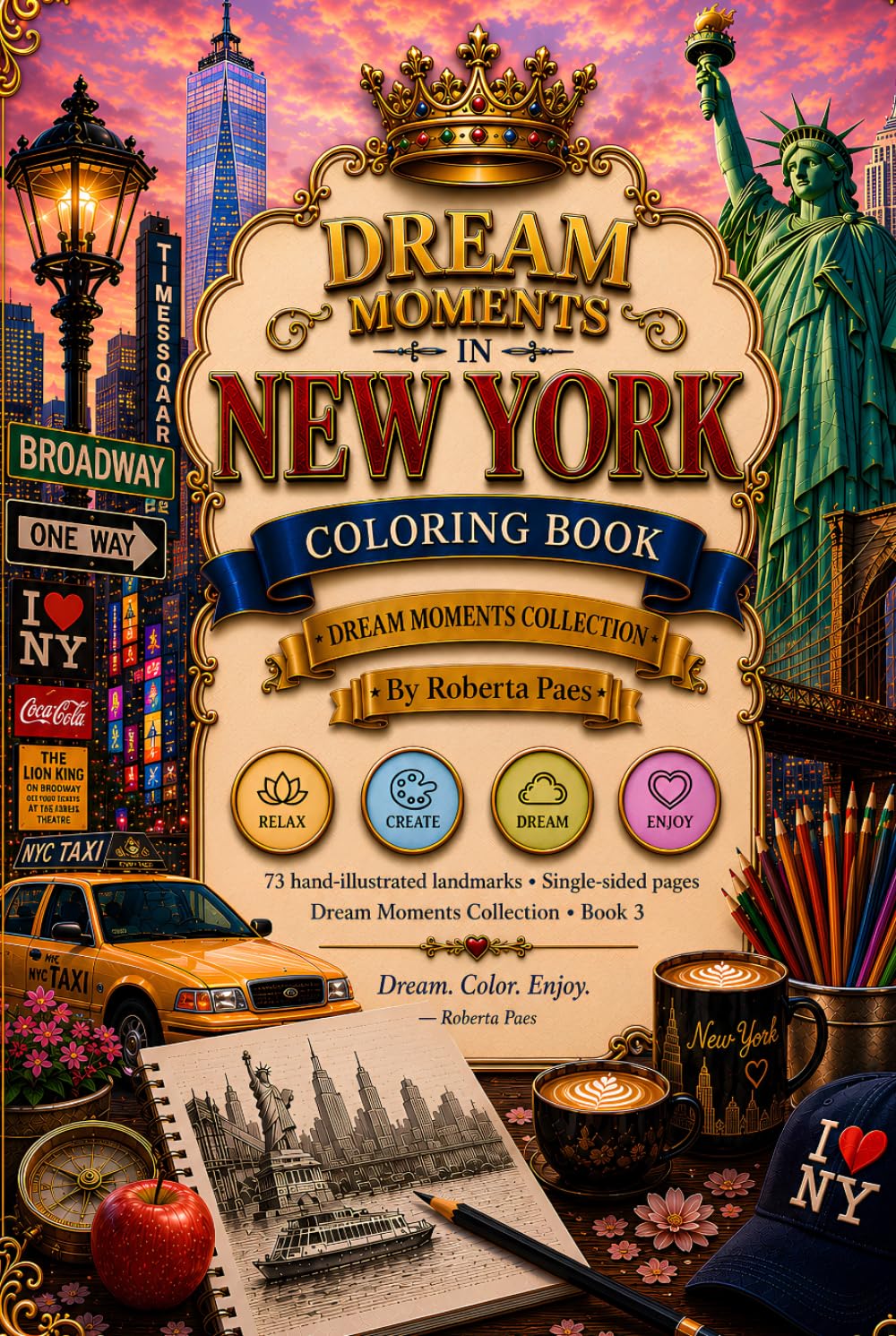 Dream Moments in New York: Coloring Book for Adults: A Beautiful New York Coloring Book Featuring Iconic Landmarks, Charming Cafés, Famous Streets, ... and Creativity (Dream Moments Collection)