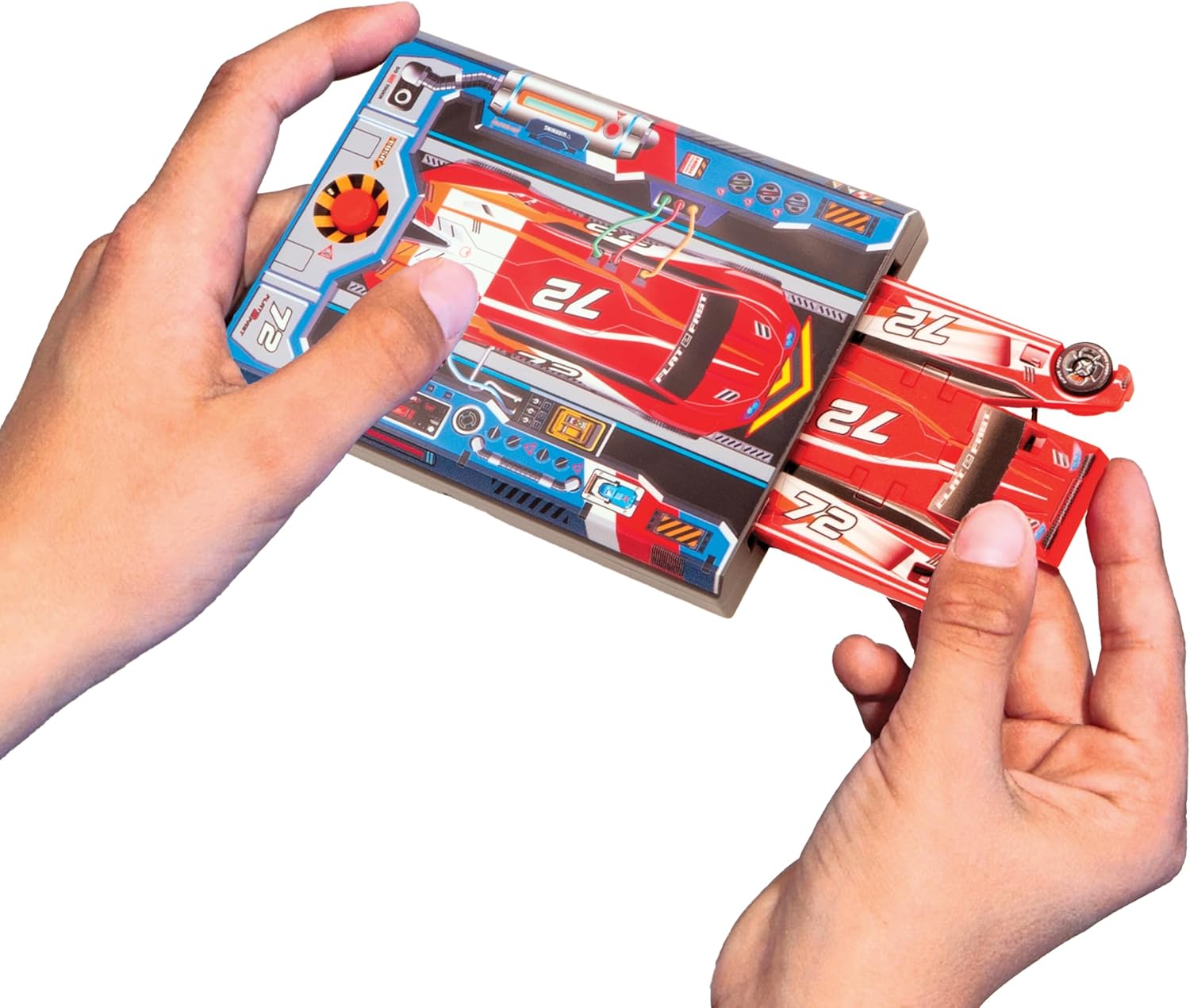 FLAT 2 FAST Original Stunt Card Racer – Flat Car Racer and Pocket Size Racecar Launcher with Built-in Button for Stunt Launching and Racing – Compact – Crimson Red