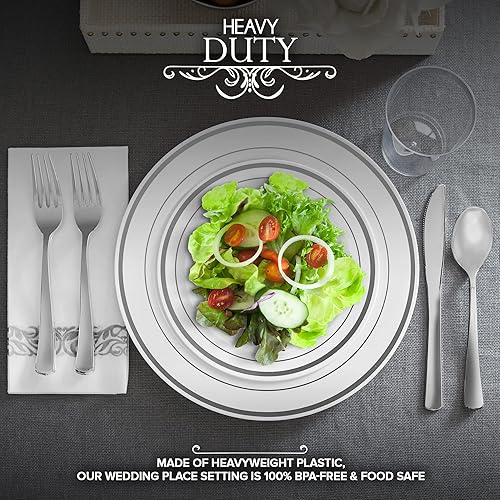 Miniatura 4 de Juego de vajilla plateada de 700 piezas 200 platos de plástico con borde plateado, 100 cubiertos de plástico plateado, 100 vasos de plástico