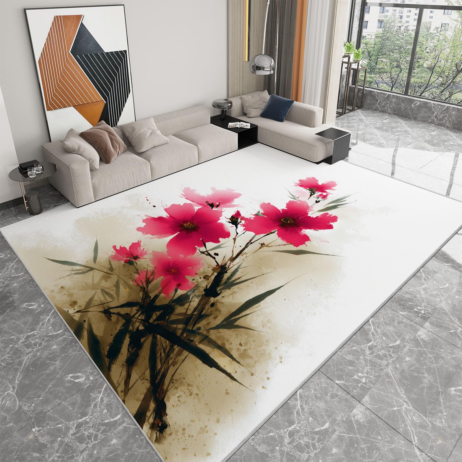 Genérico Dywan można prać w pralce 160 x 230 cm, antypoślizgowy i antypillingowy dywan liście kwiaty - dywan miękki tusz chiński obraz do salonu sypialni jadalni korytarza i kuchni