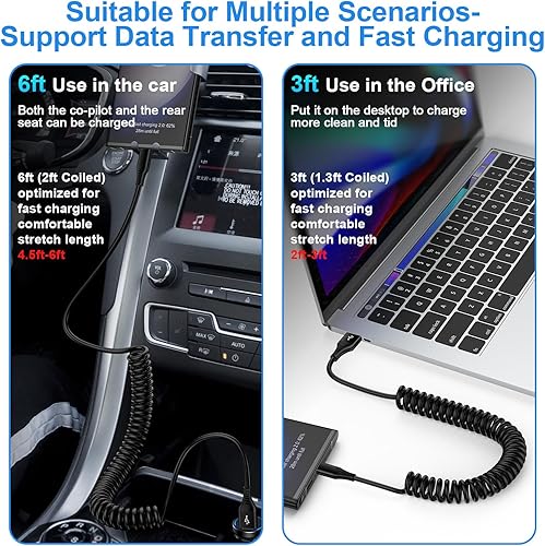 Miniatura 3 de Cable USB C a USB, Android Auto de 3 pies + 5 pies en espiral para automóvil, cable retráctil de carga rápida tipo C para iPhone 17Air17 Pro17 Pro