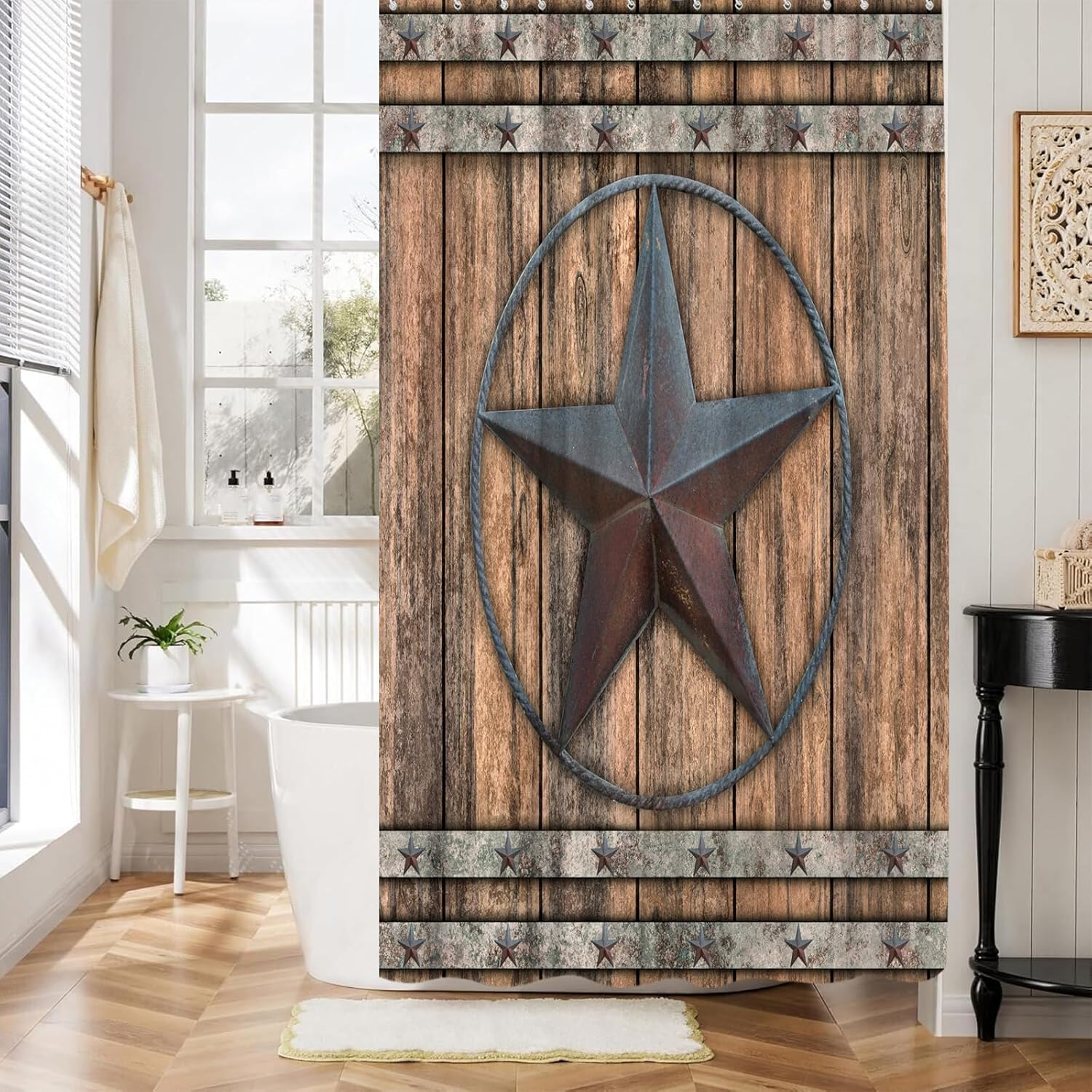 Rustic Wooden Board Extra Long Shower Curtain for Bathroom Decor,Texas Star Barn Door Western Farmhouse Rusty Star Retro Country Primitive Brown Fabric Curtain with Hooks,70x96 Inch