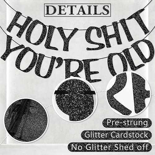 Miniatura 3 de Cartel de Holy Shit You're Old con purpurina negra para 30, 40, 50, 60, 70, 80, 90, divertido cartel de cumpleaños, banderines, decoración