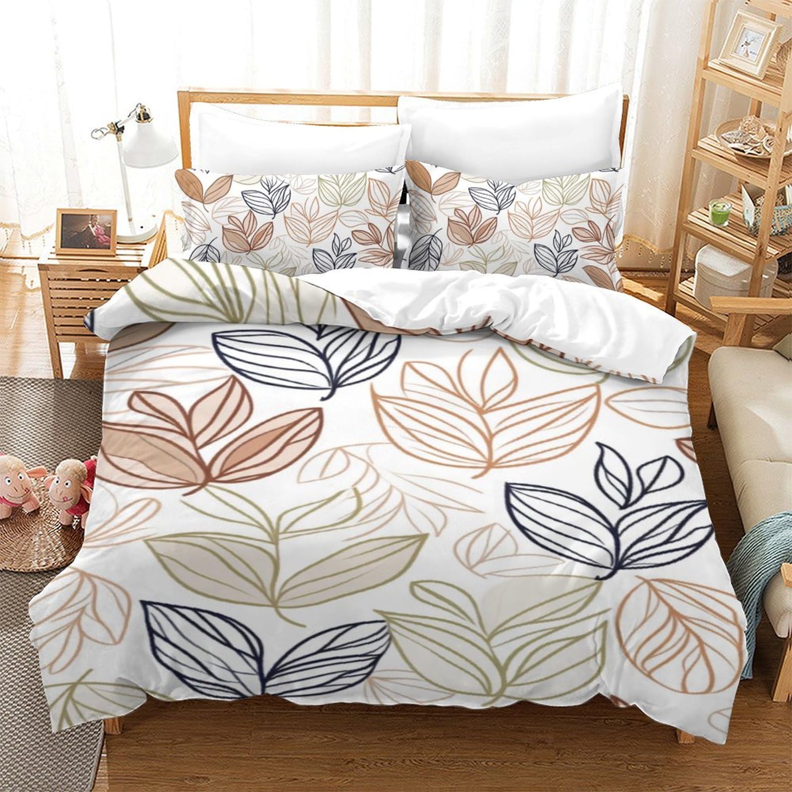Housse de couette 140x200 cm avec fermeture éclair et sa parure 3 pièces imprimé feuilles