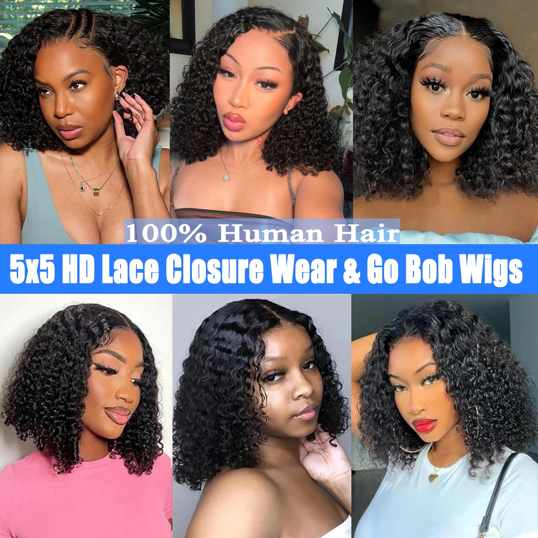 Wear and Go Parrucca Bob Capelli umani Onda profonda Parrucche senza colla Capelli umani Pre pizzicati Pre Tagliati 5x5 HD Chiusura in pizzo Parrucche ricci per donne nere Pizzo Frontale