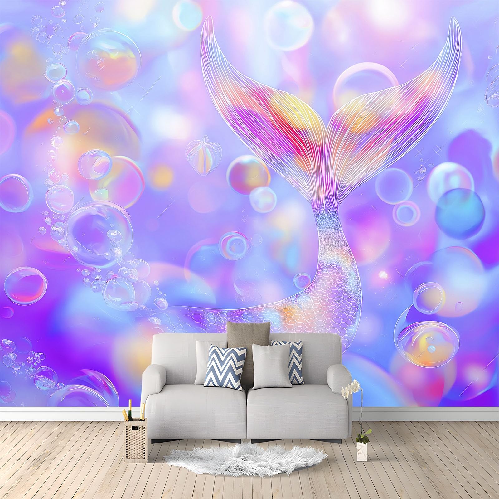 Panoramiczna tapeta 3D 250 x 175 cm fantazyjne zwierzęta syrenka bąbelki tapeta z włókniny, plakat ścienny do salonu, dekoracji pokoju dziecięcego, łatwy montaż, fioletowy