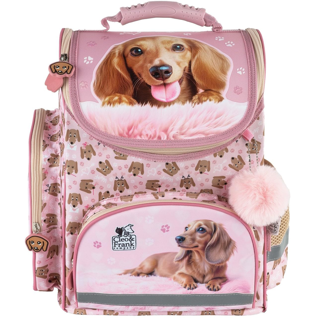PASO- Schulranzen für Mädchen, 8er-Set - Schul-Rucksack für Kinder mit Federmäppchen - Schuhbeutel Trinkflasche und Brotdose - Hund Motiv- 1-3 Klasse