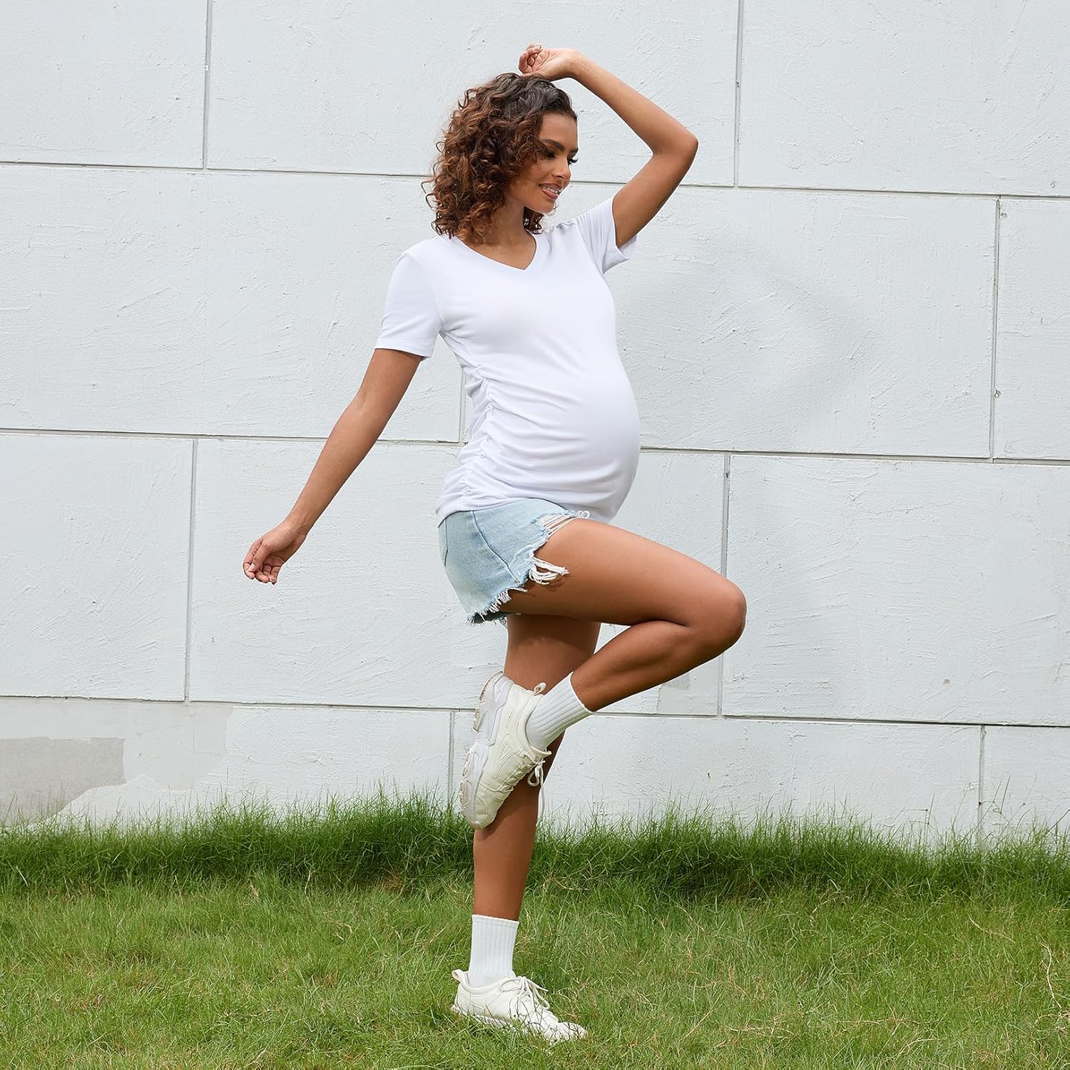 Bhome Maternity Shirt Short Sleeve Pregnancy Tshirt Side Ruched Tee Top - Image 4