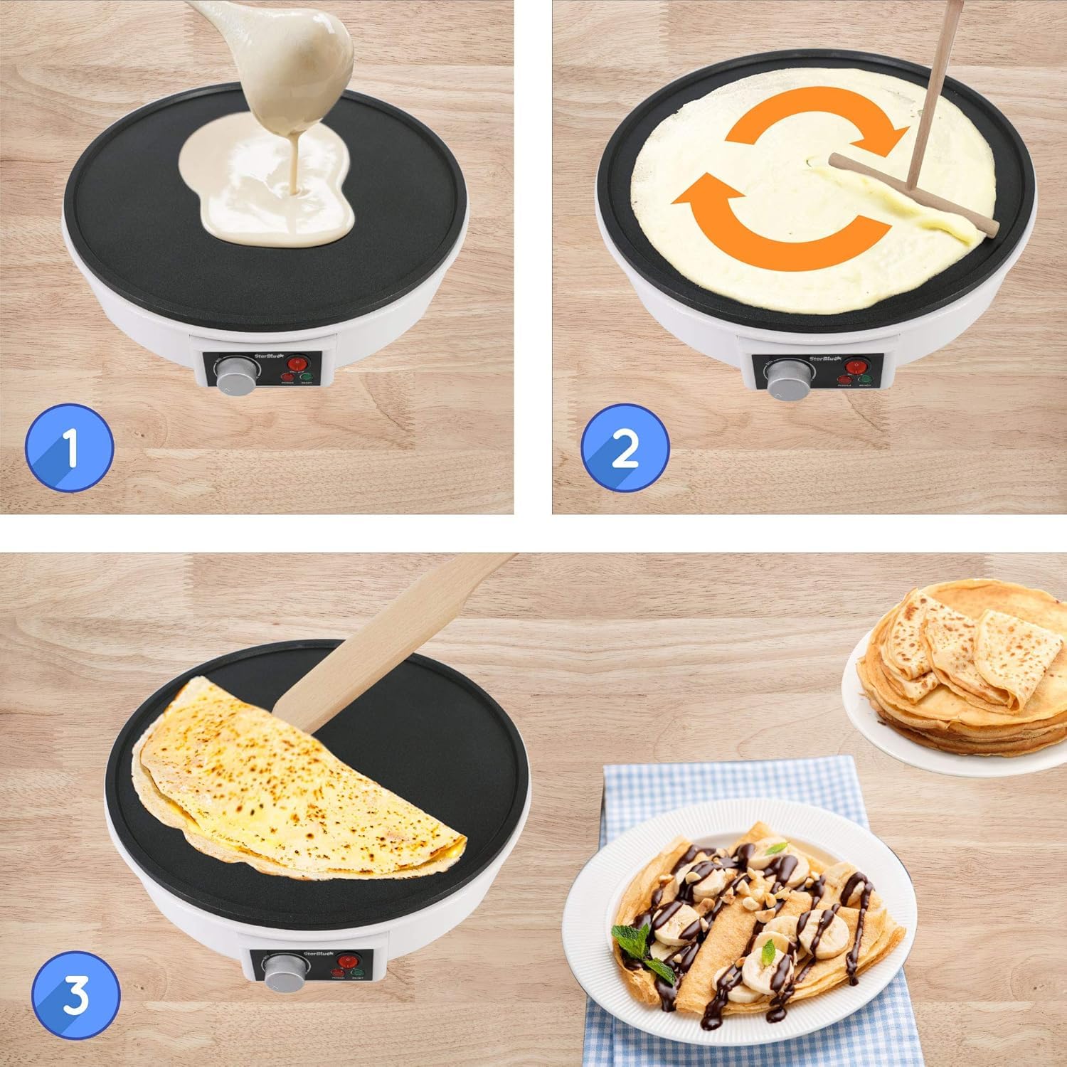 StarBlue Máquina Eléctrica Para Hacer Crepes Y Tortitas De 30,5 Cm, Con Libro Electrónico De Recetas Y Espátula De Madera, Ca 220-240 V, 50/60 Hz Y 1000 W, Enchufe Del Reino Unido Y Adaptador Europeo