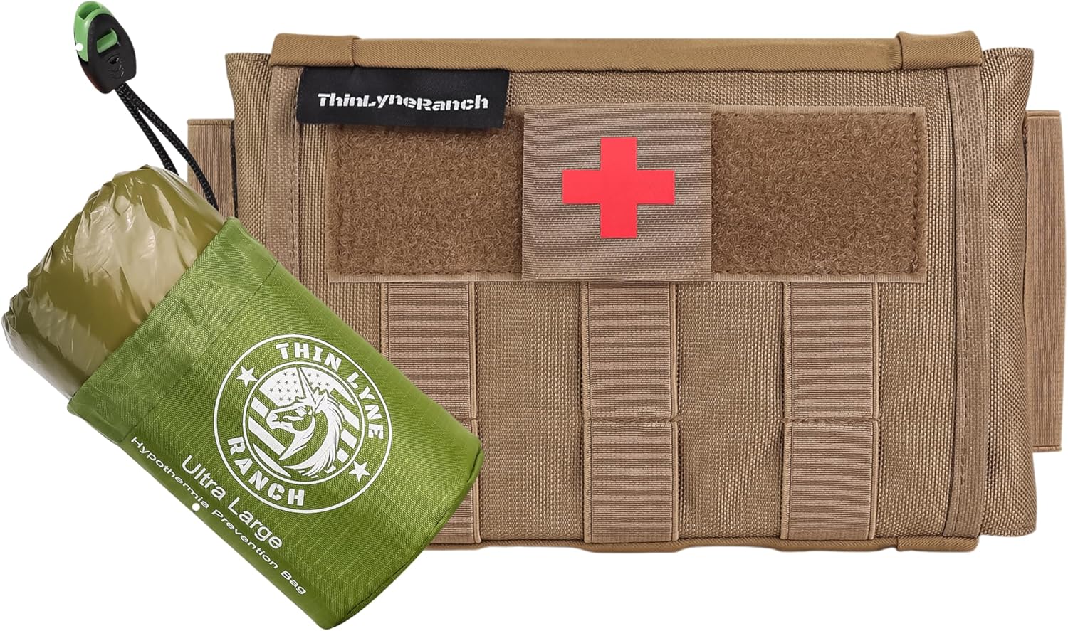 Rip Away IFAK Pouch - Tactical Vehicle Headrest Trauma Kit & Ultra-Large Emergency Sleeping Bag for Survival - Hypothermia Prevention Bivy