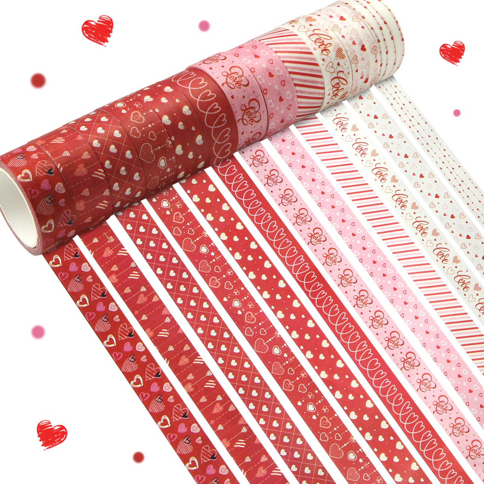 Boerni 12 rolek walentynkowej taśmy Washi 15 mm czerwone serce miłość taśma maskująca Washi dekoracyjna taśma papierowa na rocznicę ślubu dziennik do scrapbookingu DIY Craft opakowanie na prezent, 5 m