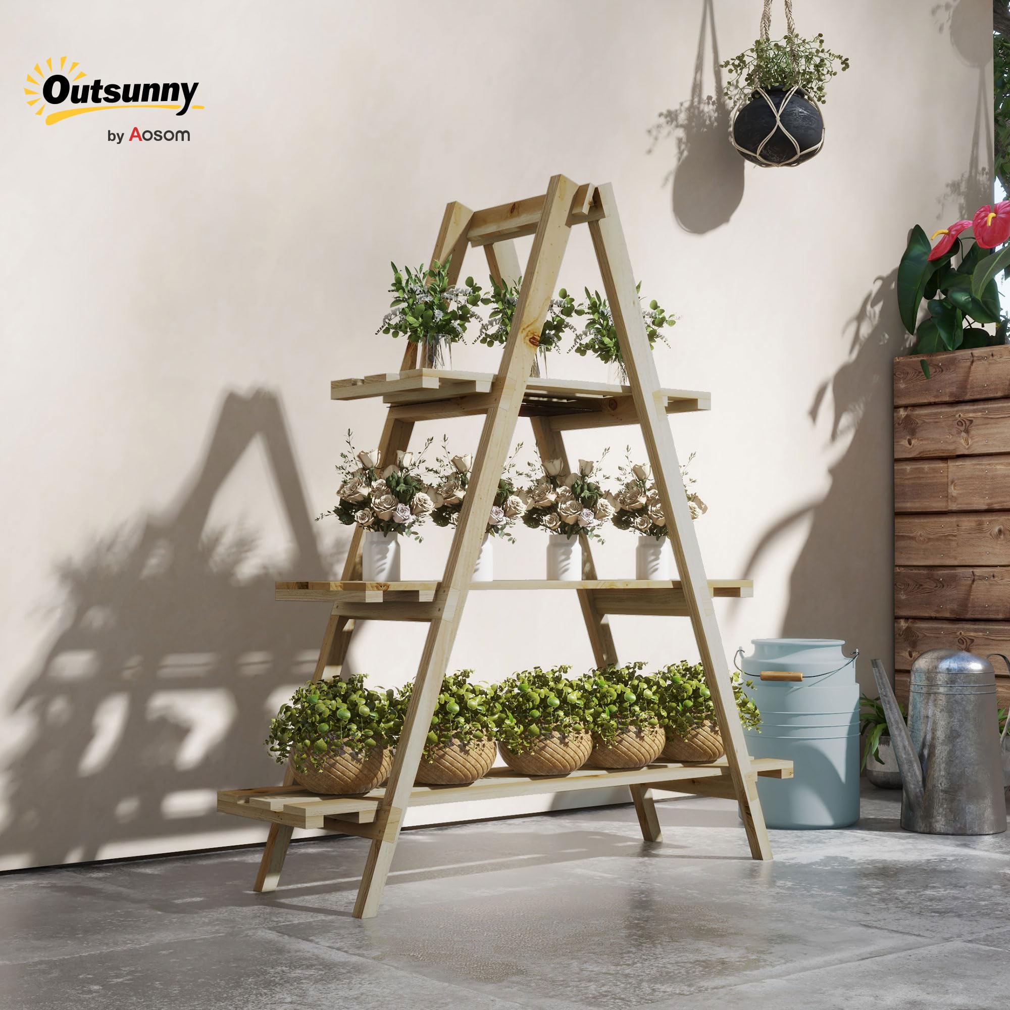 Outsunny Scaffale Porta Piante Verticale a Doghe 100x36x112 cm Color Legno | 3 Livelli Pieghevole, Fioriera in Legno di Abete, per Esterni
