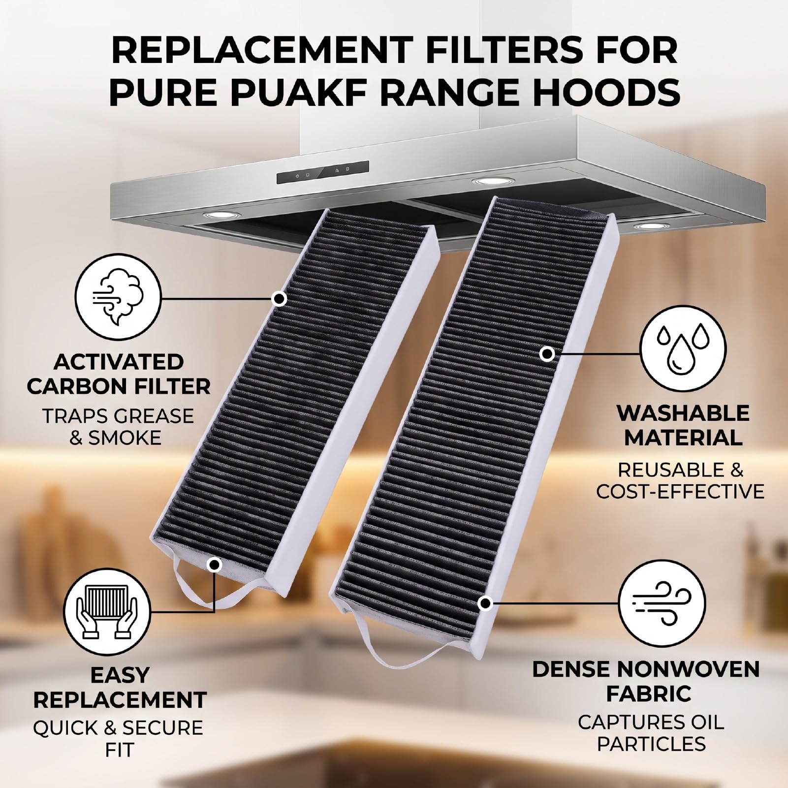 Filtro di Ricambio per Cappa, 2 Pezzi, Lavabile, Carbone Attivo, per