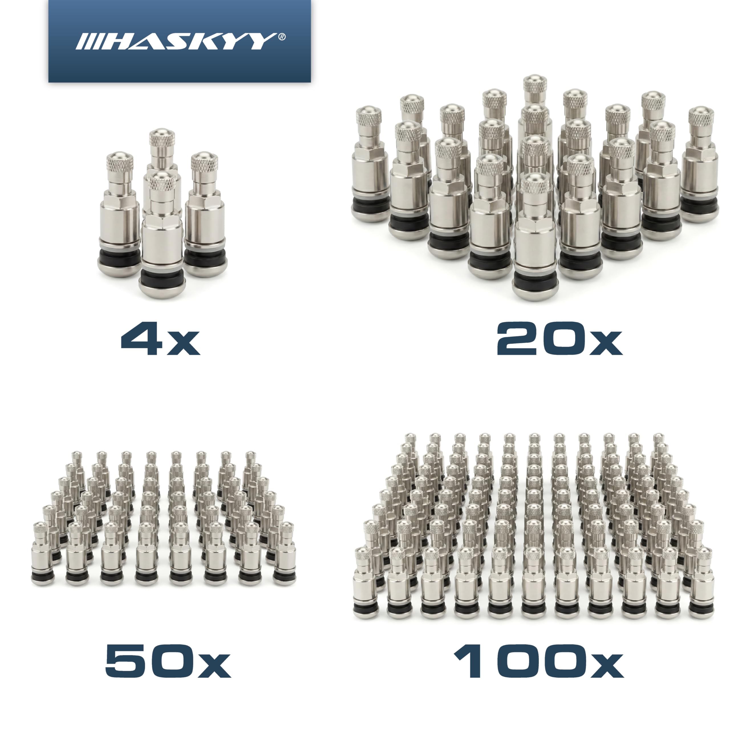 HASKYY 100 x srebrne metalowe zawory do felg samochodowych wentyle stalowe uniwersalne wentylek obręczowe 11,3 mm nowe