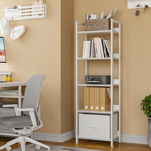 Miniatura 7 de Furologee Estantería de 5 niveles con cajón, estantería alta y estrecha con estantes, estante de madera y metal, estante organizador de