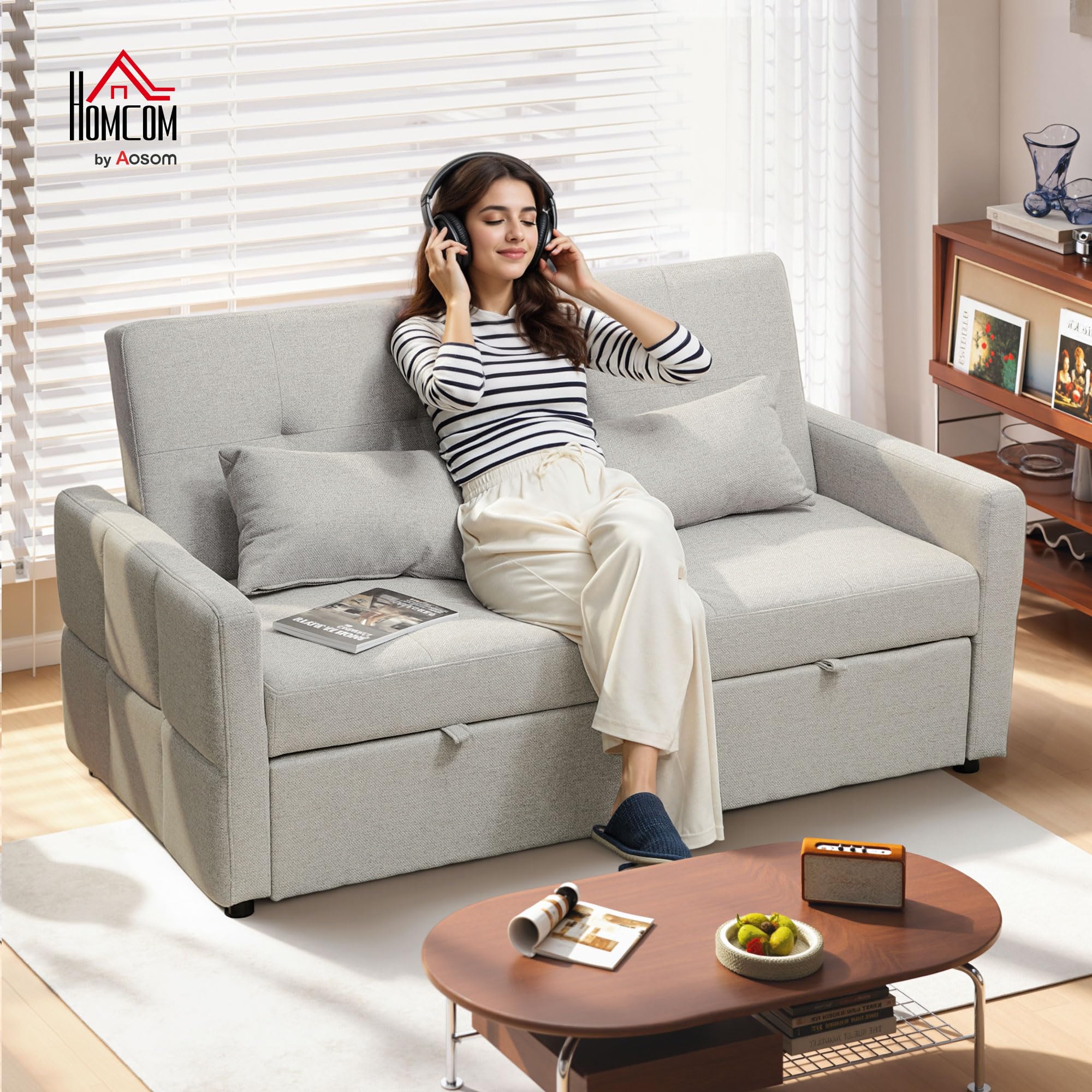 HOMCOM Canapé Convertible 2 Places 3 en 1, canapé-lit clic-clac 137x180cm, lit gigogne, Dossier réglable, 2 Coussins, Assise Large, Tissu Lin, pour Salon, Appartement, Petit Espace, Marron Clair