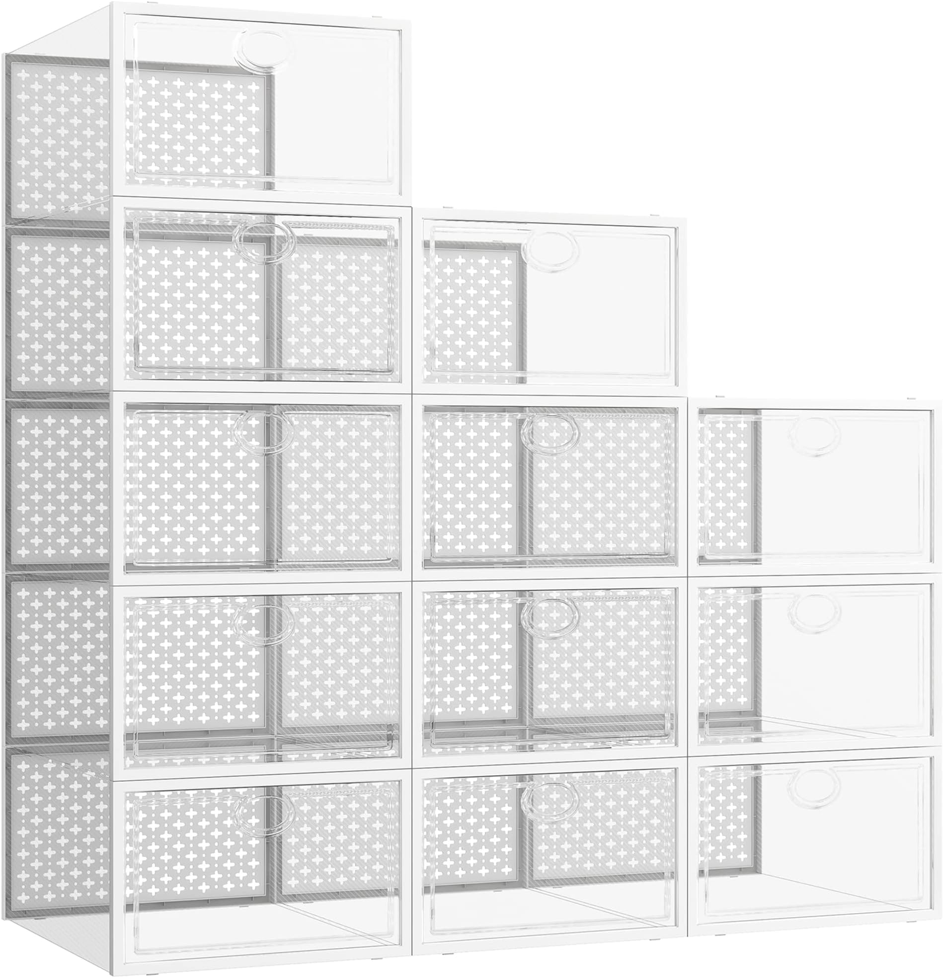 Pinkpum 12 Pack Shoe Storage Boxes, Clear Stackable Shoe Containers for Closet, Sneaker Storage Fit for Size 11 (Large)