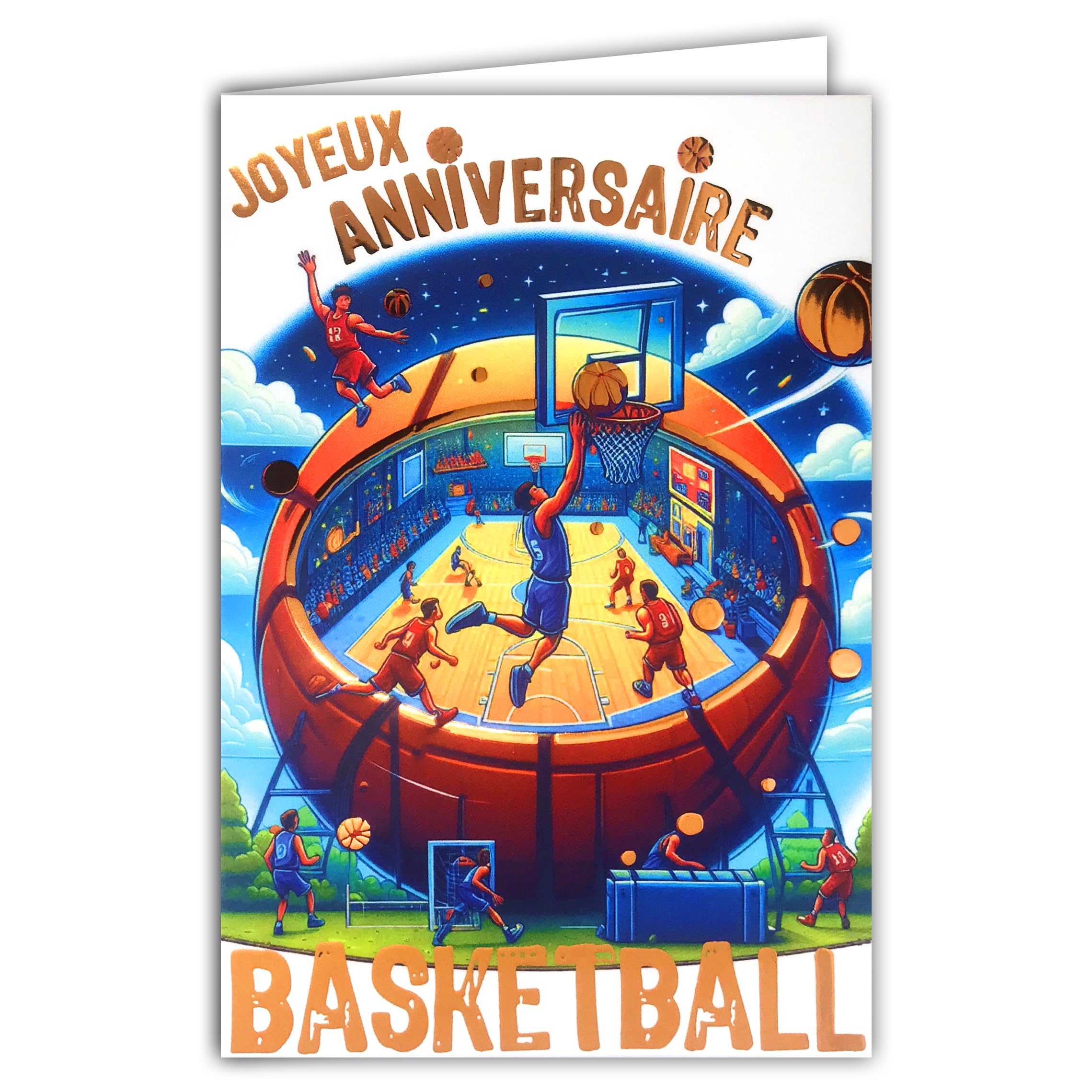 AFIE 65-1425 Happy Birthday Basketball Card in Shiny Copper Orange with Envelope 12 x 17.5 cm for Sports Basketball Player Basketball Player Champion Basket Parquet Field Supporters Team