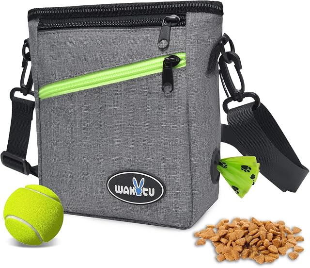Waktyu Dog Treat Pouch Bag, Pet Training Bag for Dogs Cat with Poop Bag Dispenser, Dog Walking Bag with Waist Belt, Shoulder Strap, 3 ways to Wear, Dog Treat Training Bag for Treats Kibbles Pet Toy