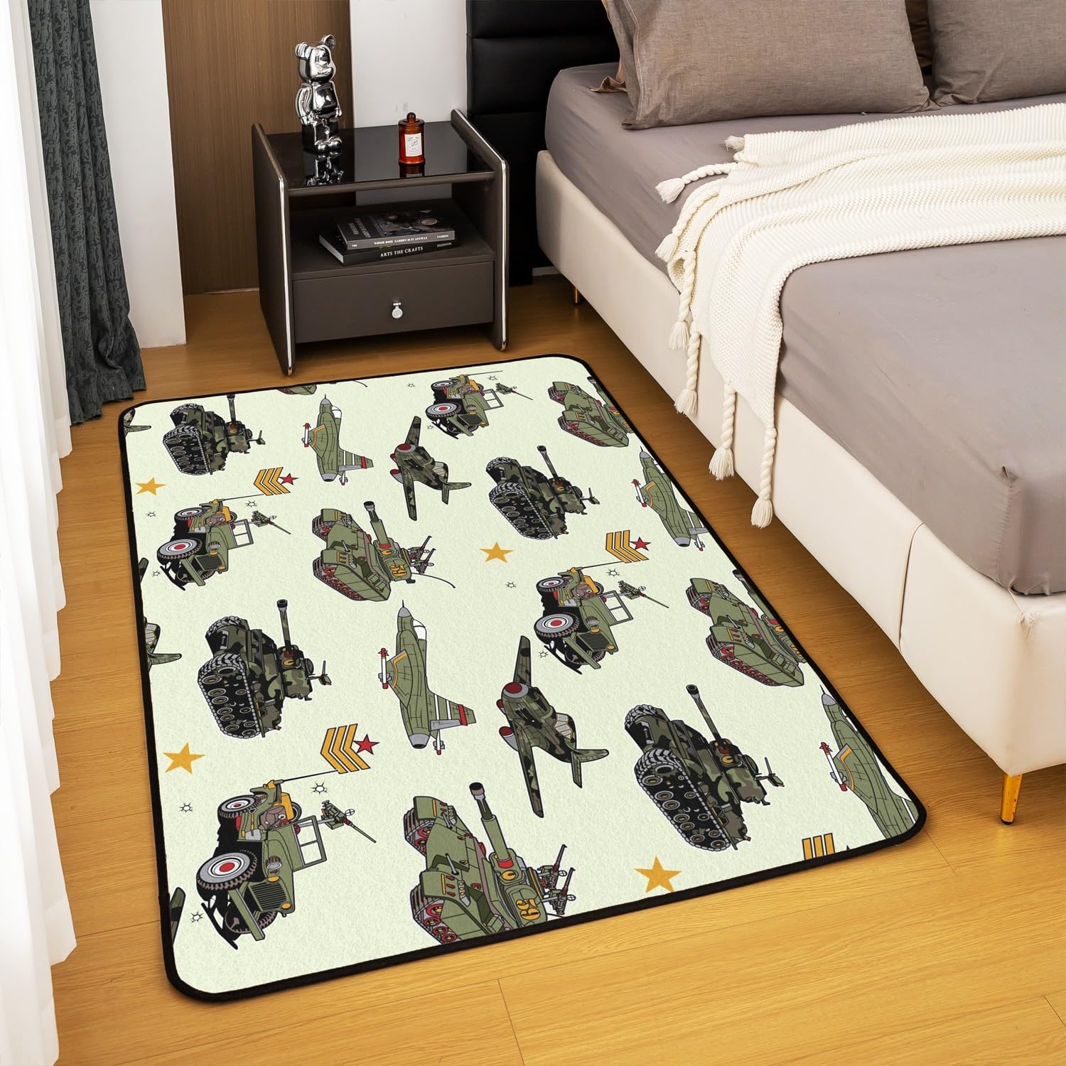 War Theme Area Rug 3'x5',Camo Tank Airplane Aircraft Graffiti Decorative Rug for Bedroom Playroom Backyard,Army Green Vintage Vehicles Non Slip Carpet for Kids Adults